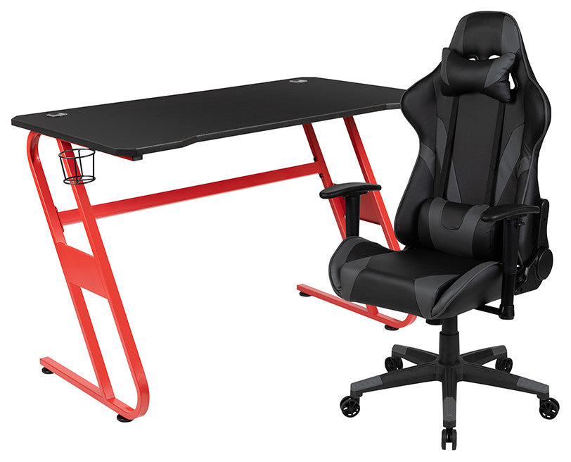 Gaming Desk and Reclining Gaming Chair Set with Cup Holder and Headphone Hook, G