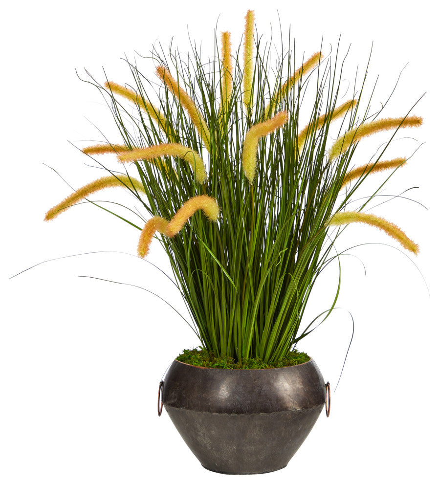 27" Onion Grass Artificial Plant, Metal Bowl