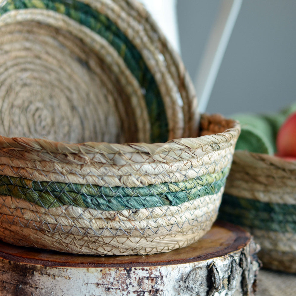 3 Piece Green and Natural Striped Baskets Set