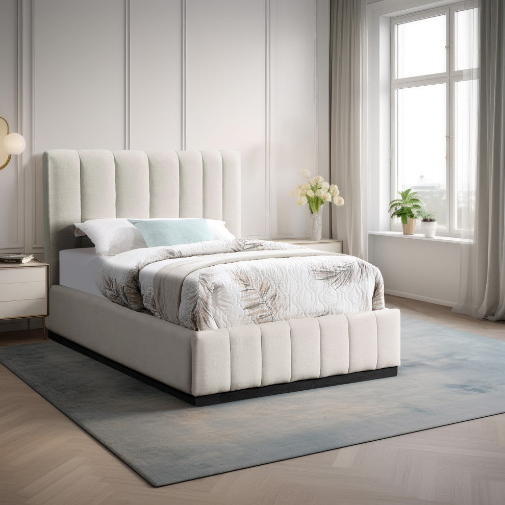 Lucia Beige Linen Textured Fabric Full Bed, Beige, Twin, Black Finish