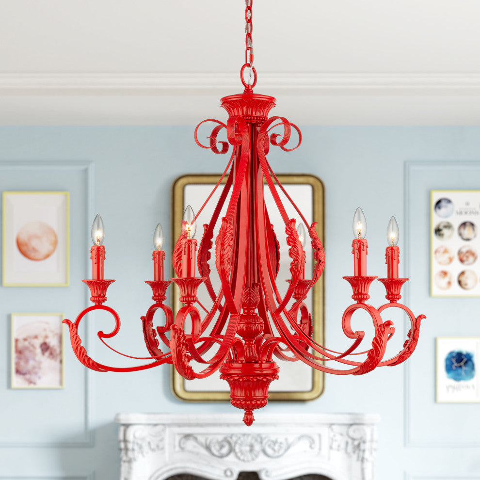 6 Light Shiny Red Large Chandelier