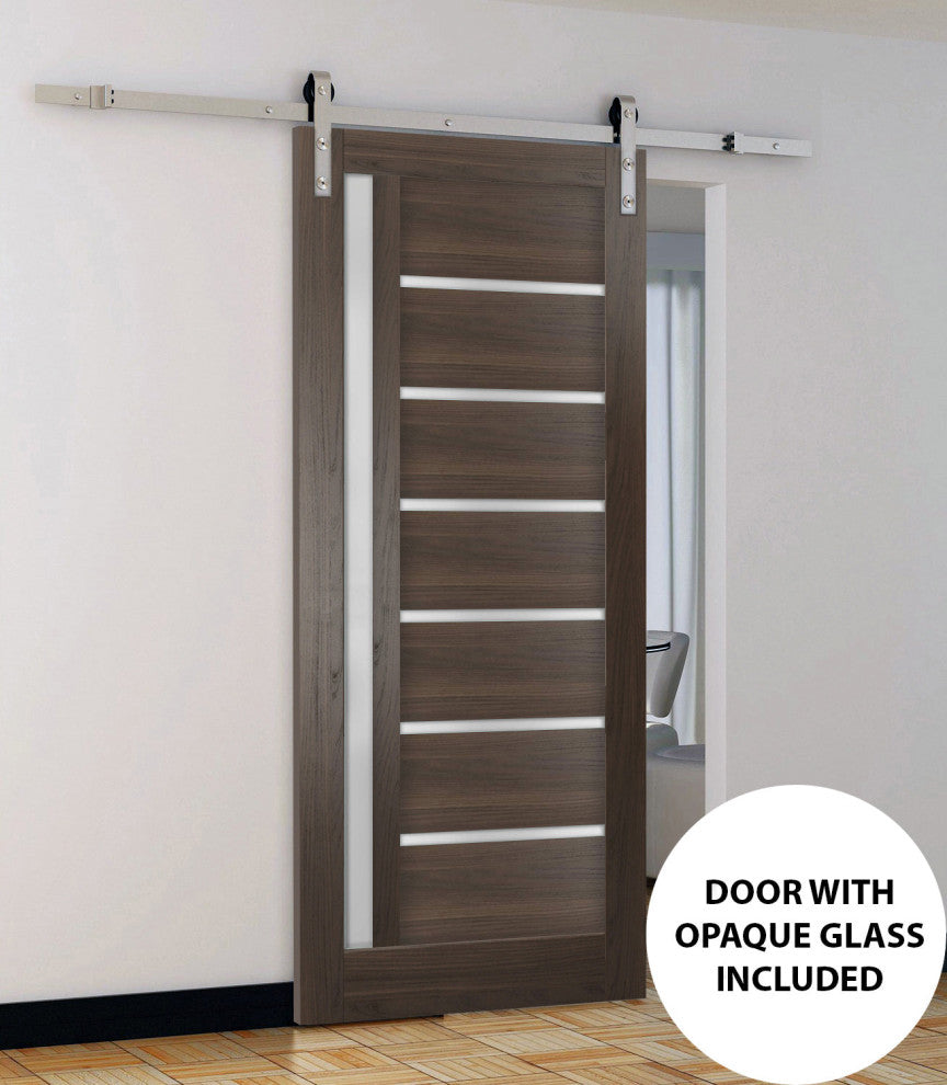 Barn Door 42 x 80 Frosted Glass, Quadro 4088 Chocolate Ash, Silver 8' Rail