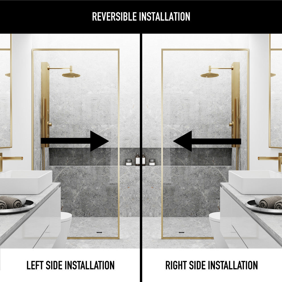 VIGO Meridian Framed Fixed, Matte Brushed Gold, Shower Screen, 34" W X 74" H, Clear Glass