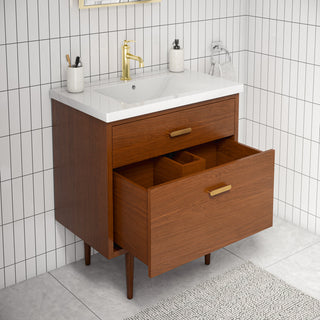 Brandy Integrated Ceramic Sink Top Vanity, Honey Walnut, 30", With Faucet