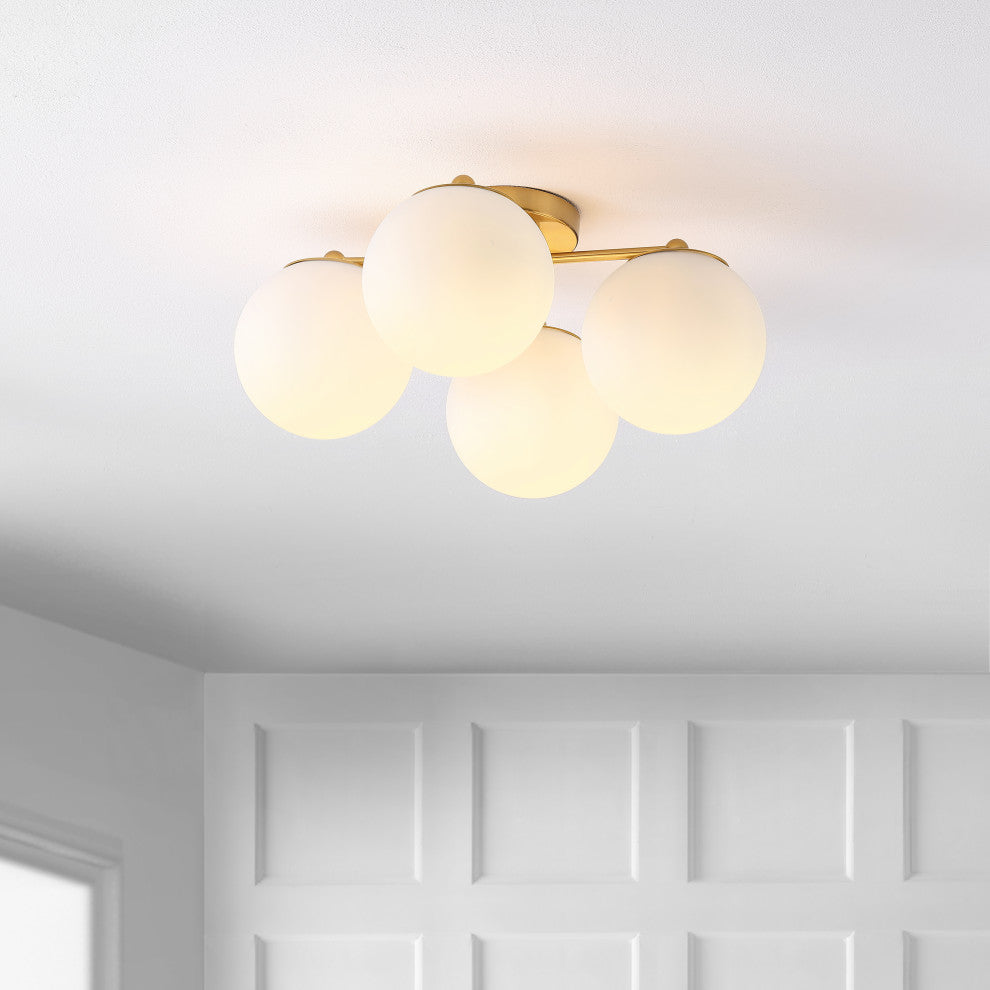 Orly 18" 4-Light Bohemian Farmhouse LED Semi Flush Mount, Brass Gold/White