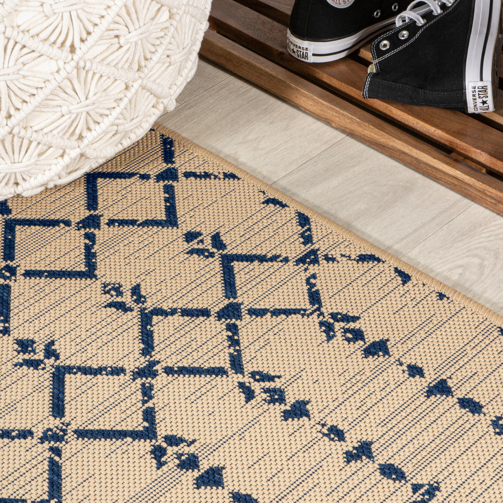 Ourika Moroccan Geometric Indoor/Outdoor Rug, Beige/Navy, 2x10