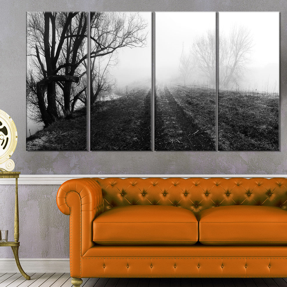 "Black And White Misty Landscape Panorama" Landscape Wall Art, 4 Panels, 48"x28"