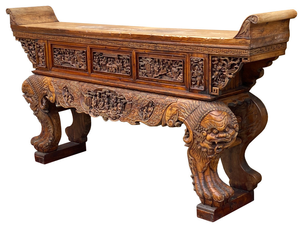 Chinese Vintage Opera Scenery Lion Heads Carving Long Altar Console  Hcs7795