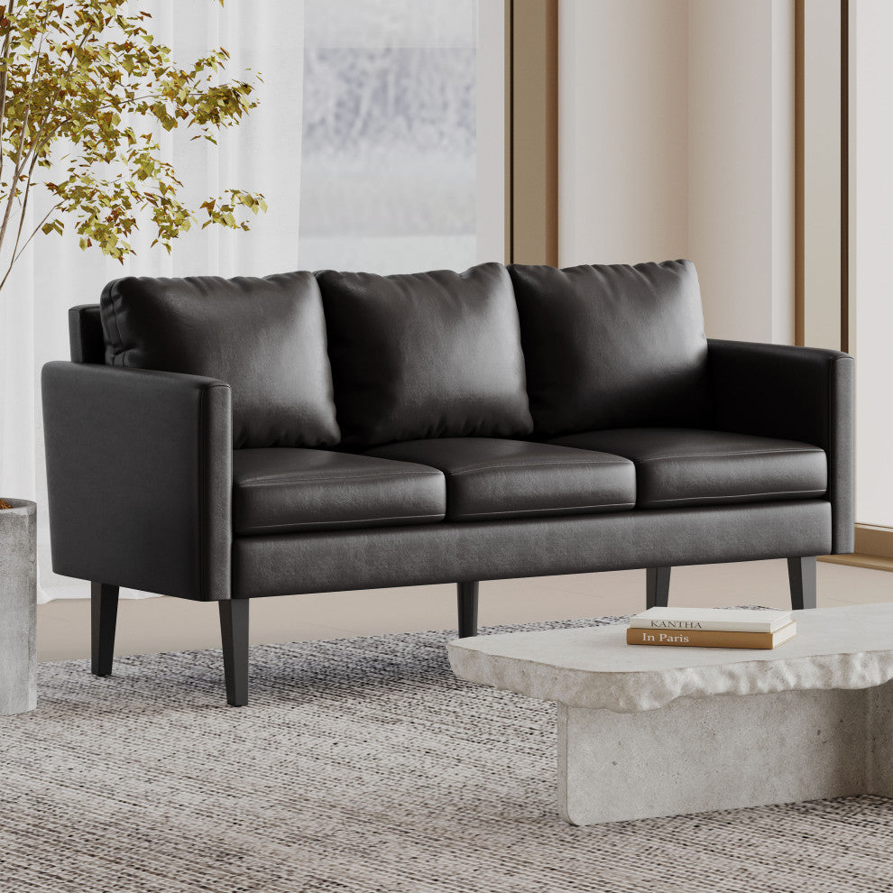 Dowd Mid Century Modern Faux Leather 3 Seater Sofa, Midnight Black/Dark Brown