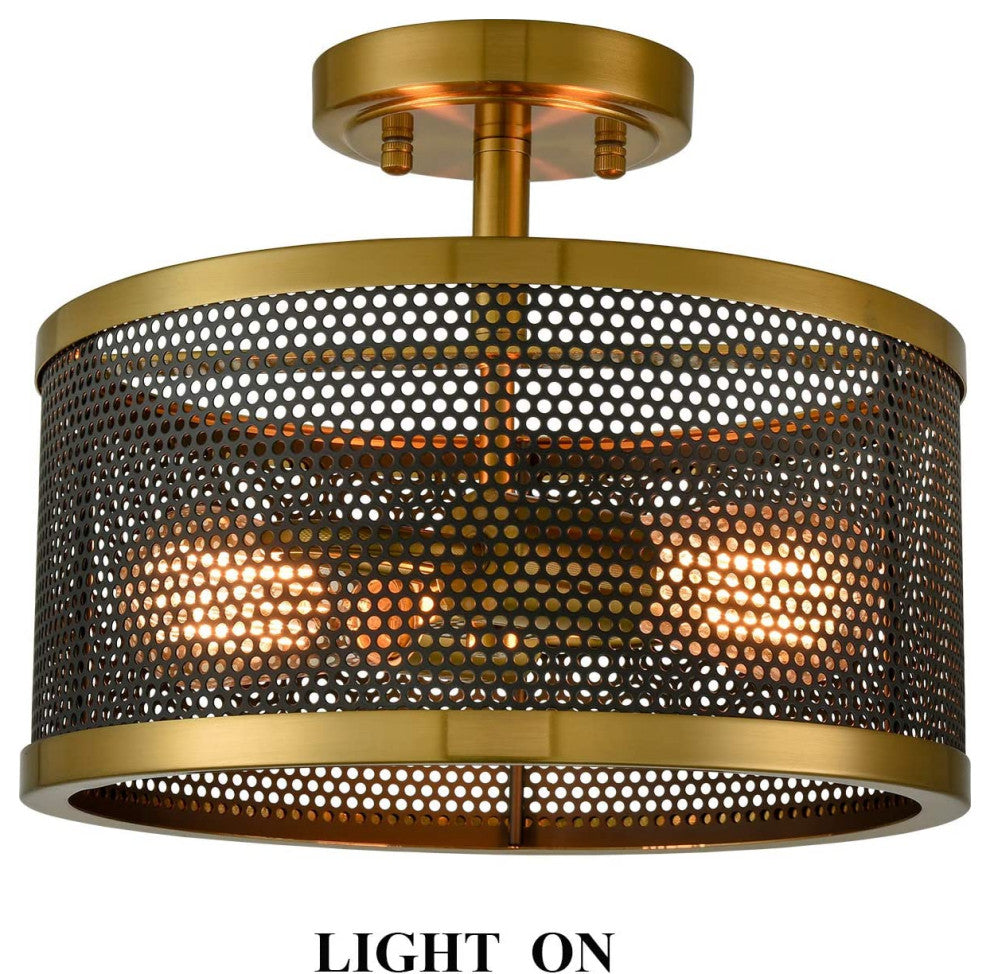2 Light Gold Flush Mount Ceiling Light, Mesh Brass