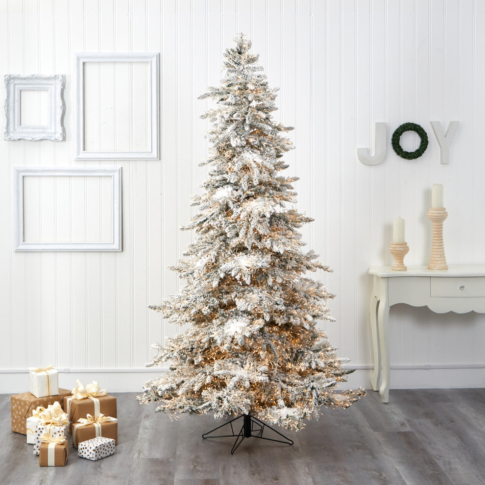 7.5' Flocked Grand Northern Rocky Fir Faux Xmas Tree W/Lights, Bendable Branches
