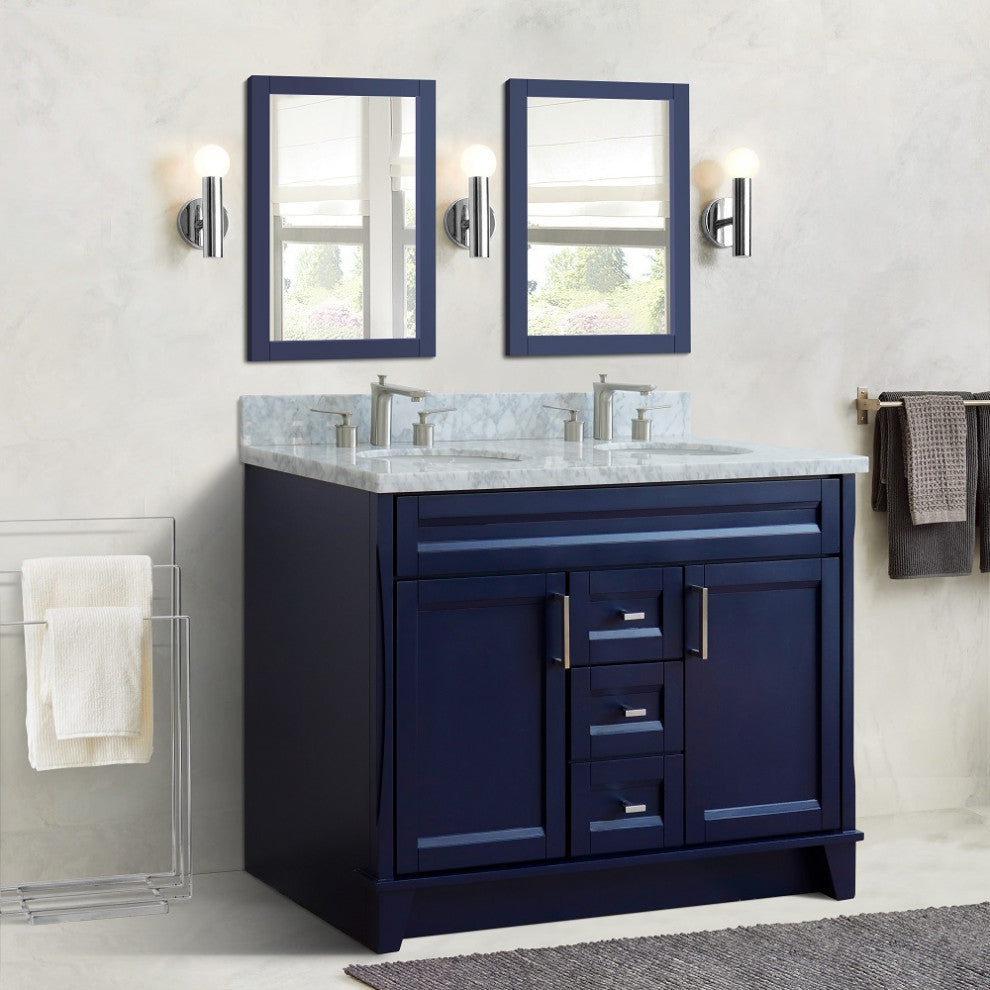 48" Double Sink Vanity, Blue Finish With White Carrara Marble And Oval Sink