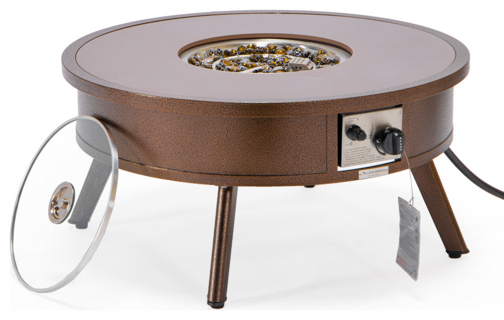 Leisuremod Walbrooke Patio Round Fire Pit Table With Aluminum Frame, Brown