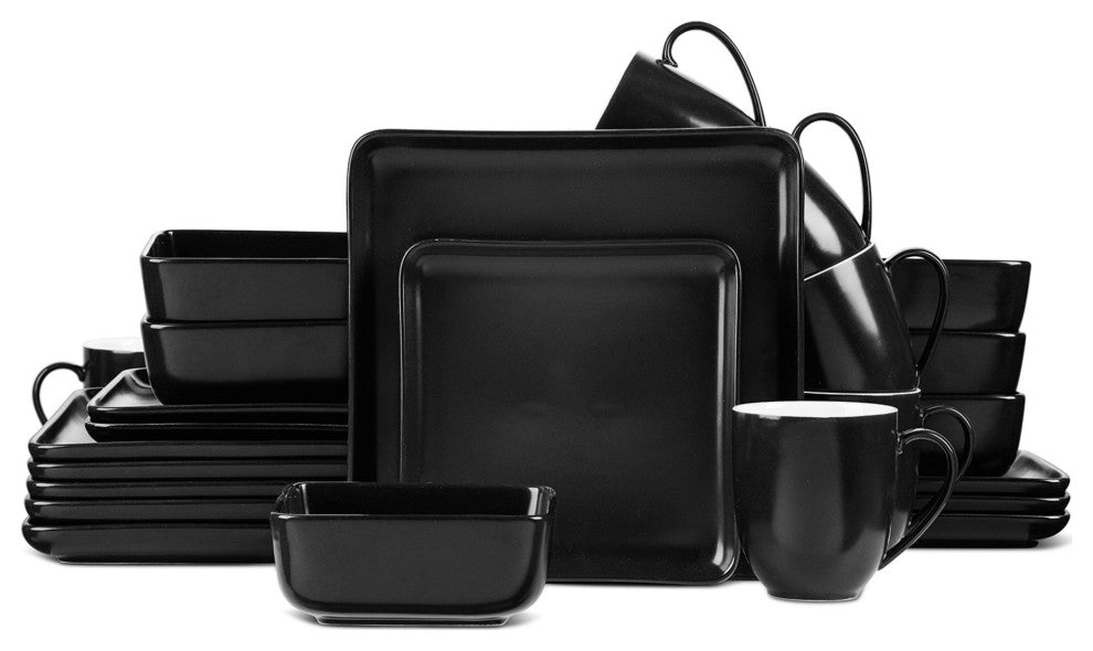 Stone Lain Amy Porcelain Plates and Bowls Sets, 24 Piece Dinnerware Set, Black