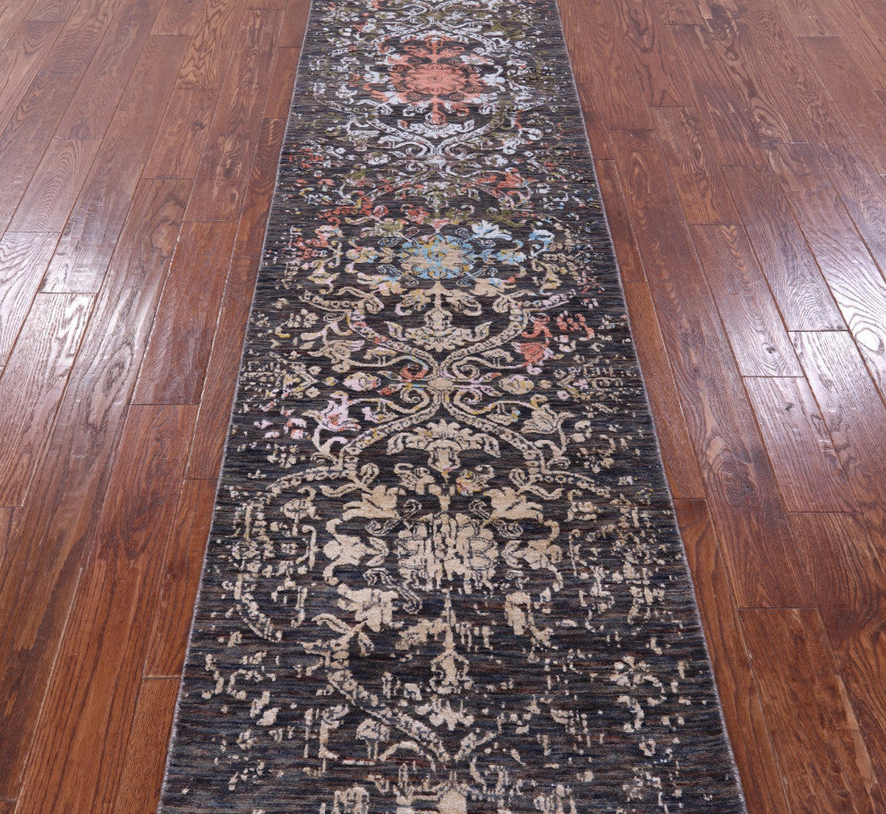 2' 6" X 14' 4" Runner Modern Wool and Silk Handmade Rug Q11838