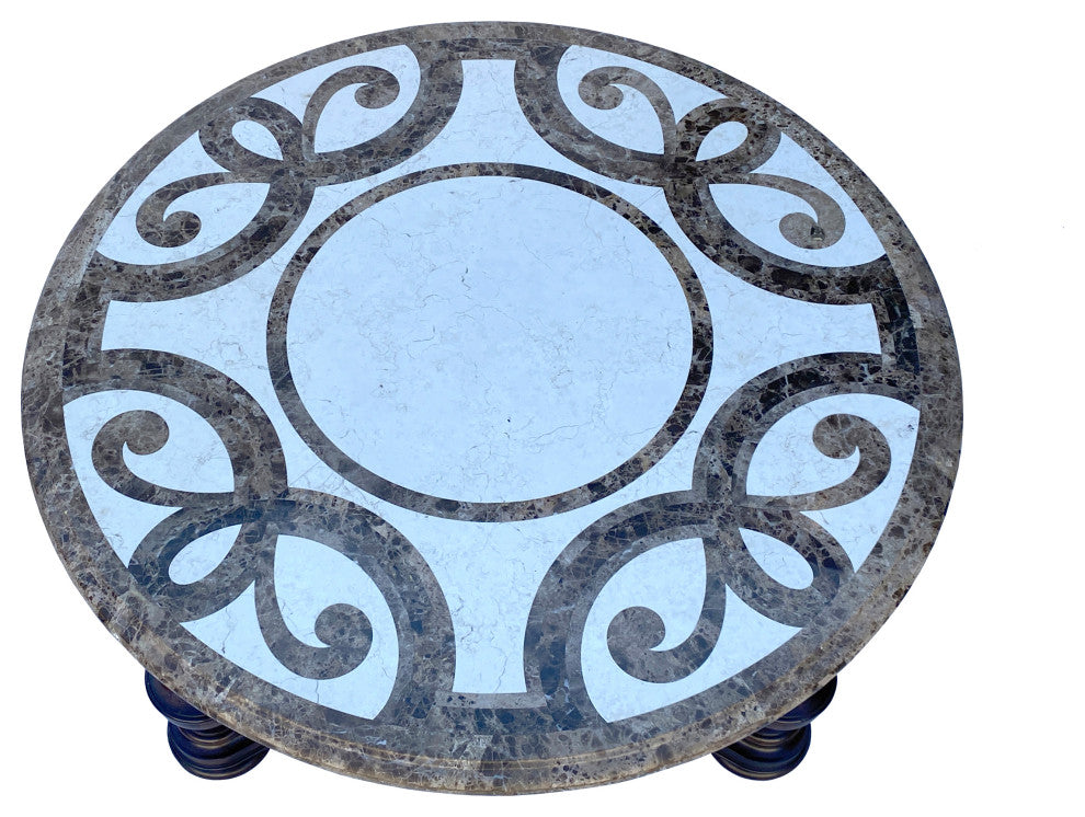 Vintage Estate Round Ribbon Cross Pattern Marble Top Coffee Table Hcs6081
