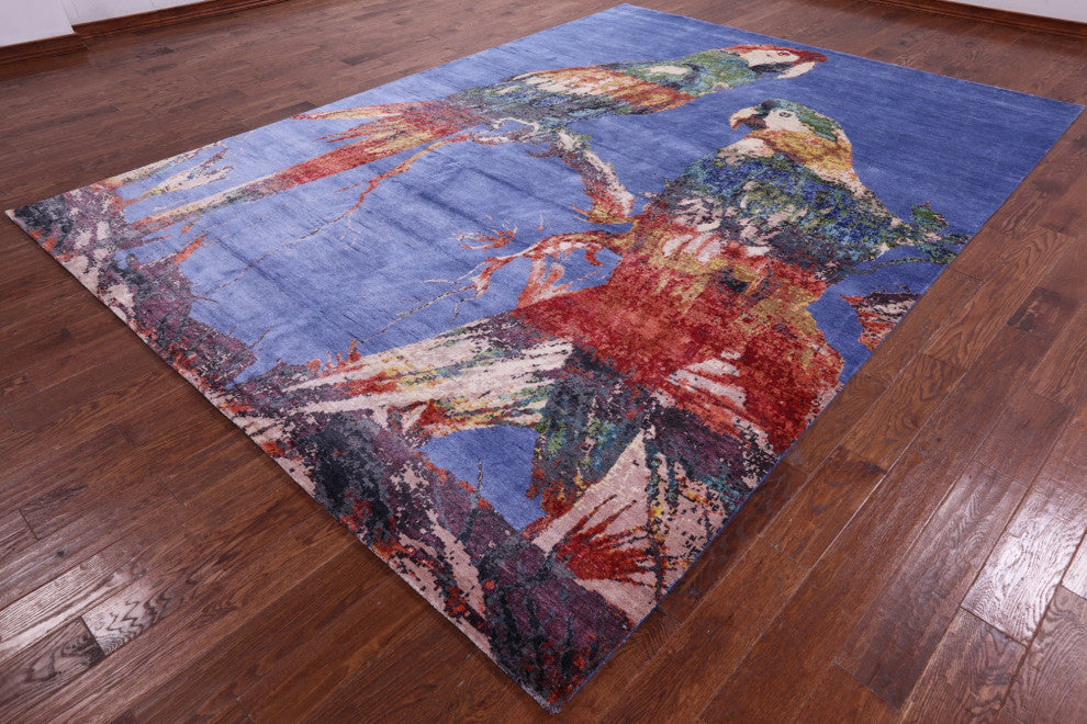 8' 10" X 12' 4" Modern Parrots Design Hand Knotted Silk Rug Q11601