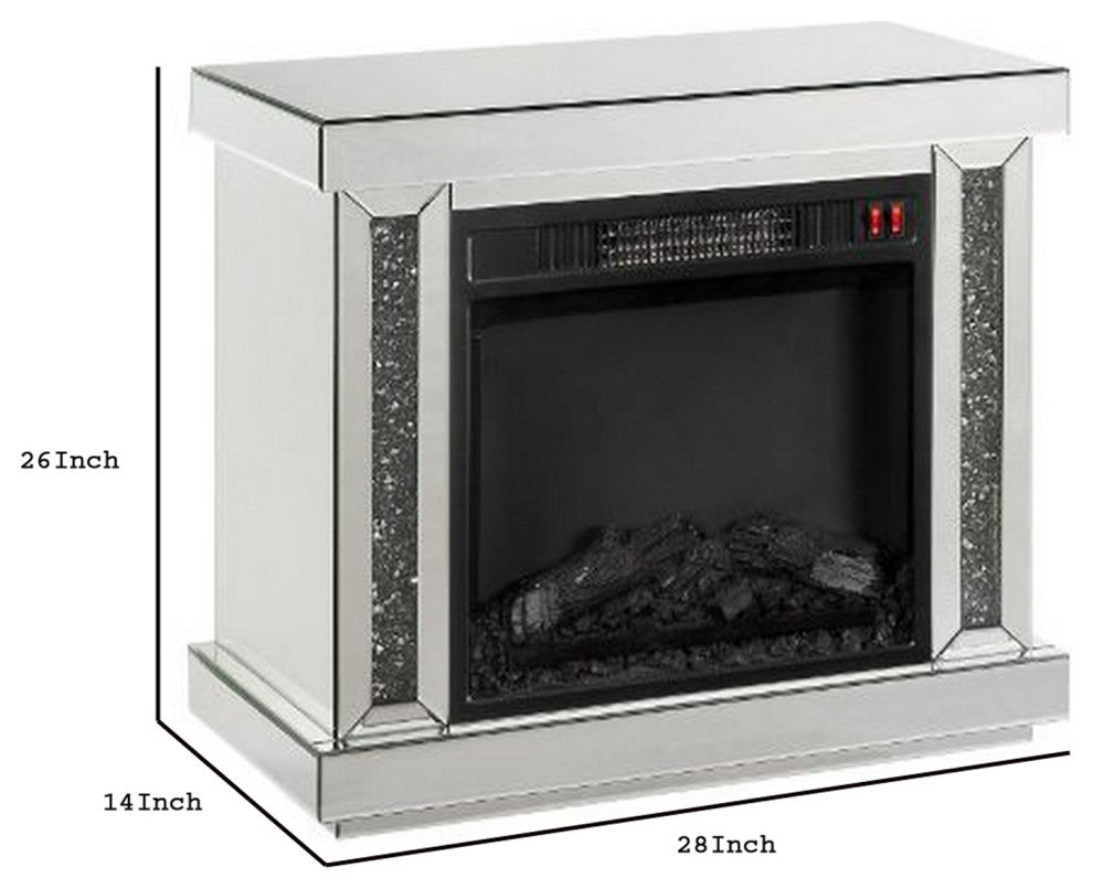 Benzara BM251370 Electric Fireplace With Mirror Panel & Faux Diamonds, Silver
