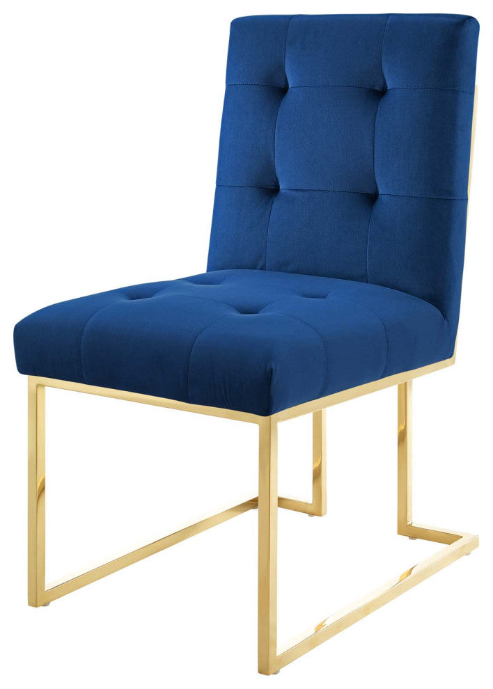 Side Dining Chair, Set of 2, Velvet, Metal, Gold Blue Navy, Modern, Cafe Bistro