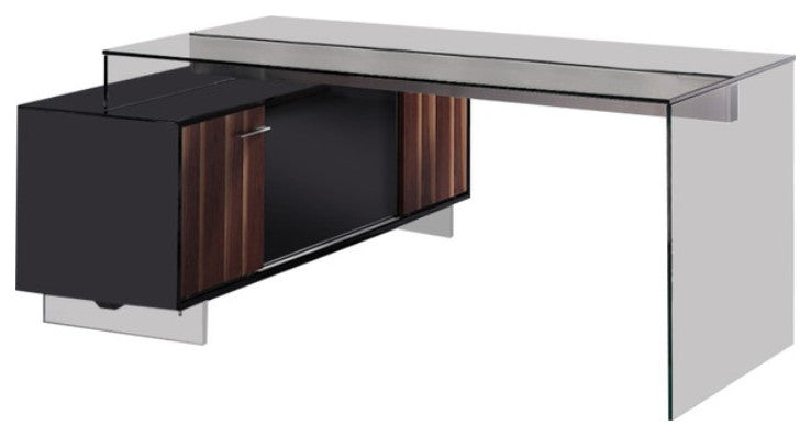 HomeRoots 29.5" Glass and Stained Wood Office Desk With a Storage Cabinet
