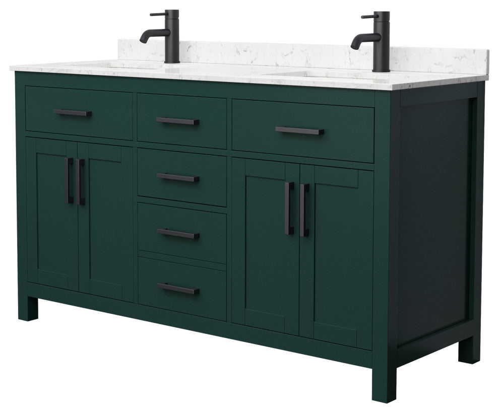60"DBL Bathroom Vanity Green, Carrara Cult. Marble Countertop, Sinks, Black Trim