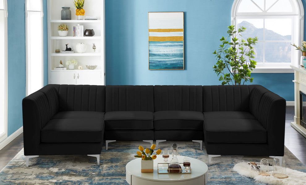 Alina Velvet Modular U-Shaped Sectional, Black, 6-Piece: 4 Armless Chair, 2 Corner Chair
