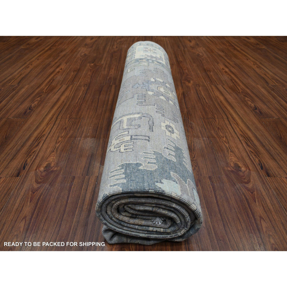 Stone Gray Afghan Wool Hand Knotted Fine Peshawar Oriental Rug, 9'0"x12'0"