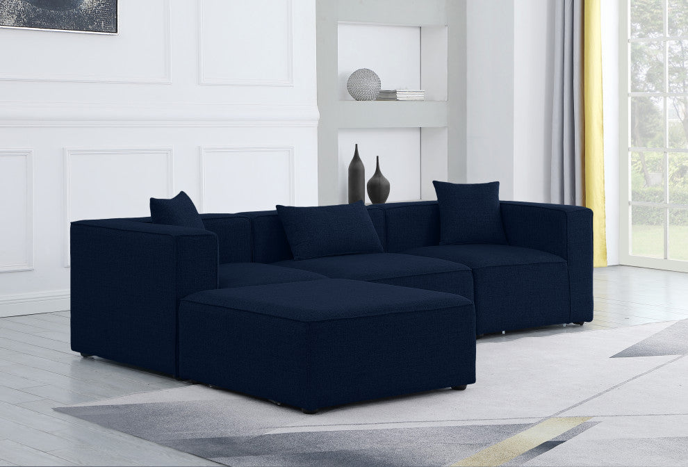 Cube Upholstered Modular Sectional, Navy, 4-Piece: 1 Armless Chair, 2 Corner Chair, 1 Ottoman, Linen Texured Fabric