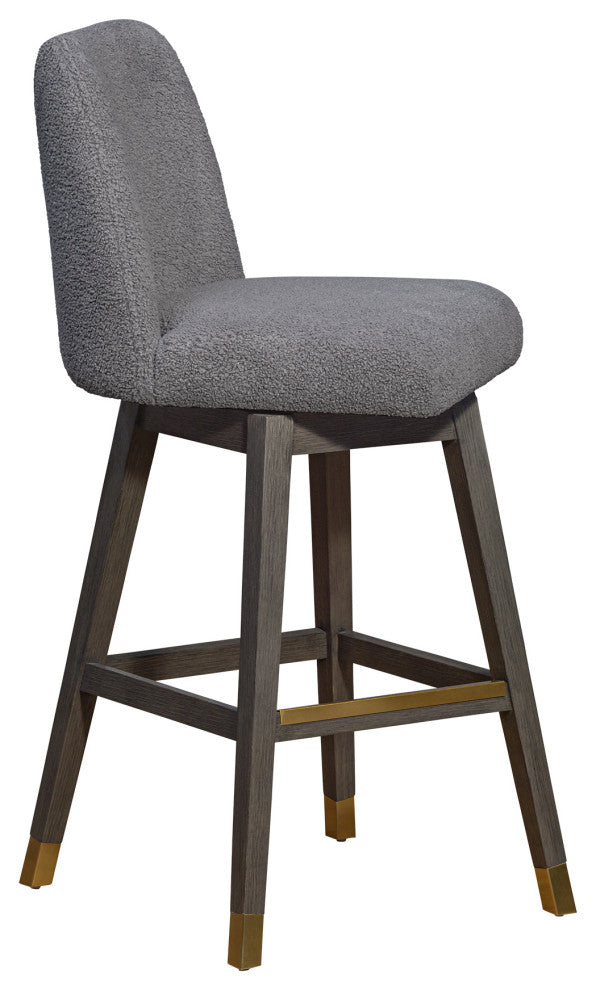 Amalie Swivel Bar Stool in Grey Oak Wood Finish with Grey Boucle Fabric