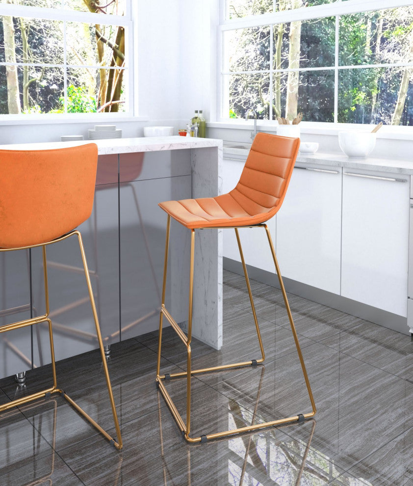 Bar Stool Chair Barstool, Steel Metal, Fabric, Orange, Gold, Cafe Bistro