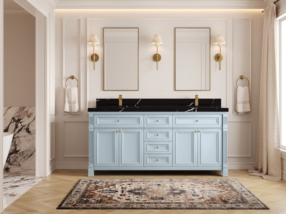 Paris 72" Double Sink Bathroom Vanity, Blue Heather 2" Calacatta Black