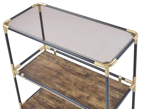 Benzara BM191404 Glass Top Console Table Metal Framing and Wooden Shelves, Black