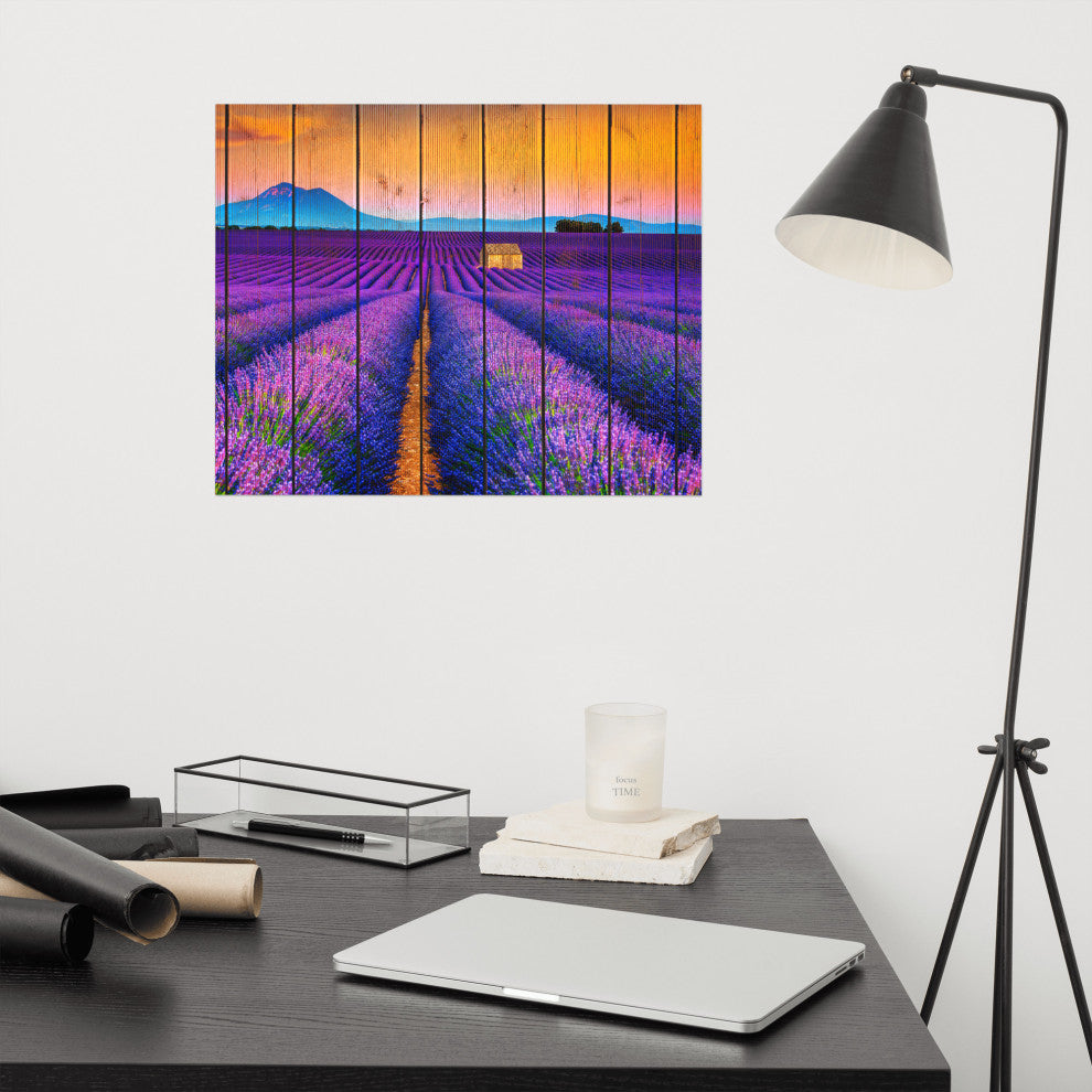 Faux Wood Lavender Fields and Sunset Landscape Unframed Wall Art Prints, 16" X 20"