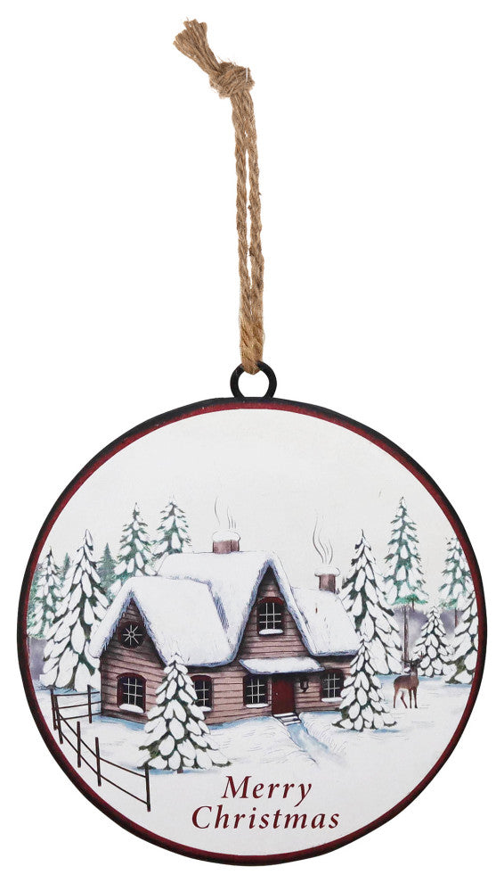 Woodland Winter Cabin Disc Ornament, Set of 12