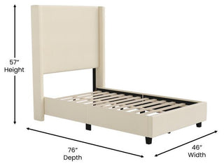 Quinn Upholstered Platform Bed with Channel Stitched Wingback Headboard, Beige, Twin