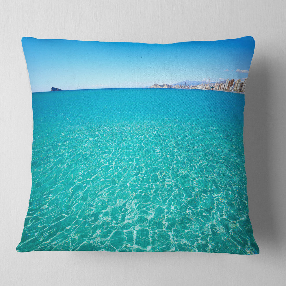 Blue Benidorm Levante Beach Seascape Throw Pillow, 18"x18"