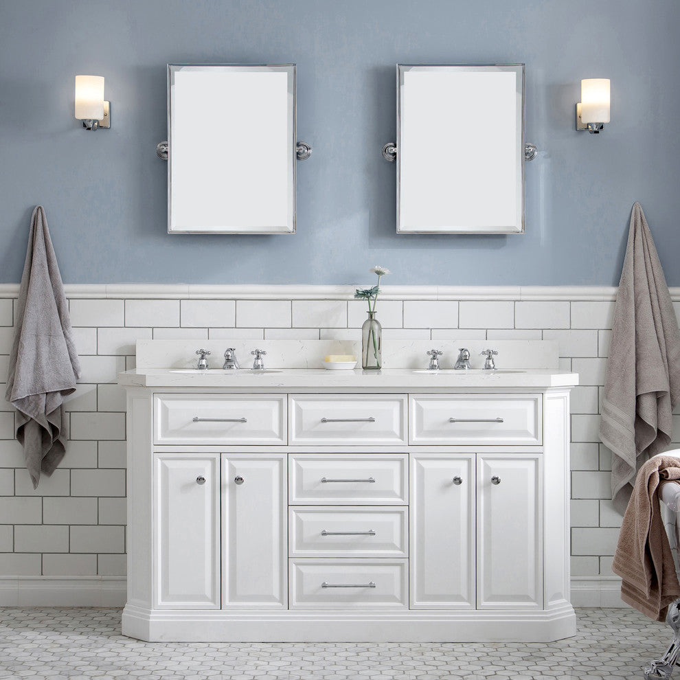 60" Palace Quartz Carrara Pure White Vanity With Hardware, Mirror
