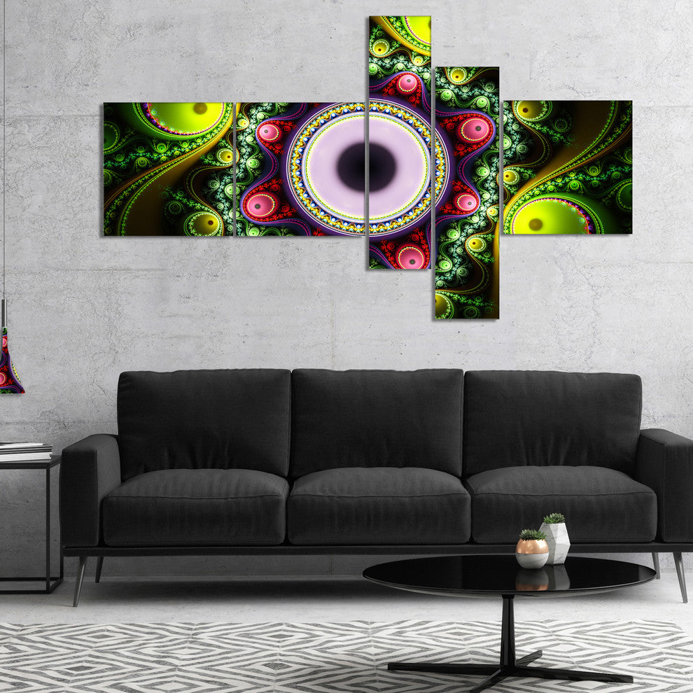 Green on Black Pattern with Circles, Abstract Canvas Print, 60"x32", 5 panels