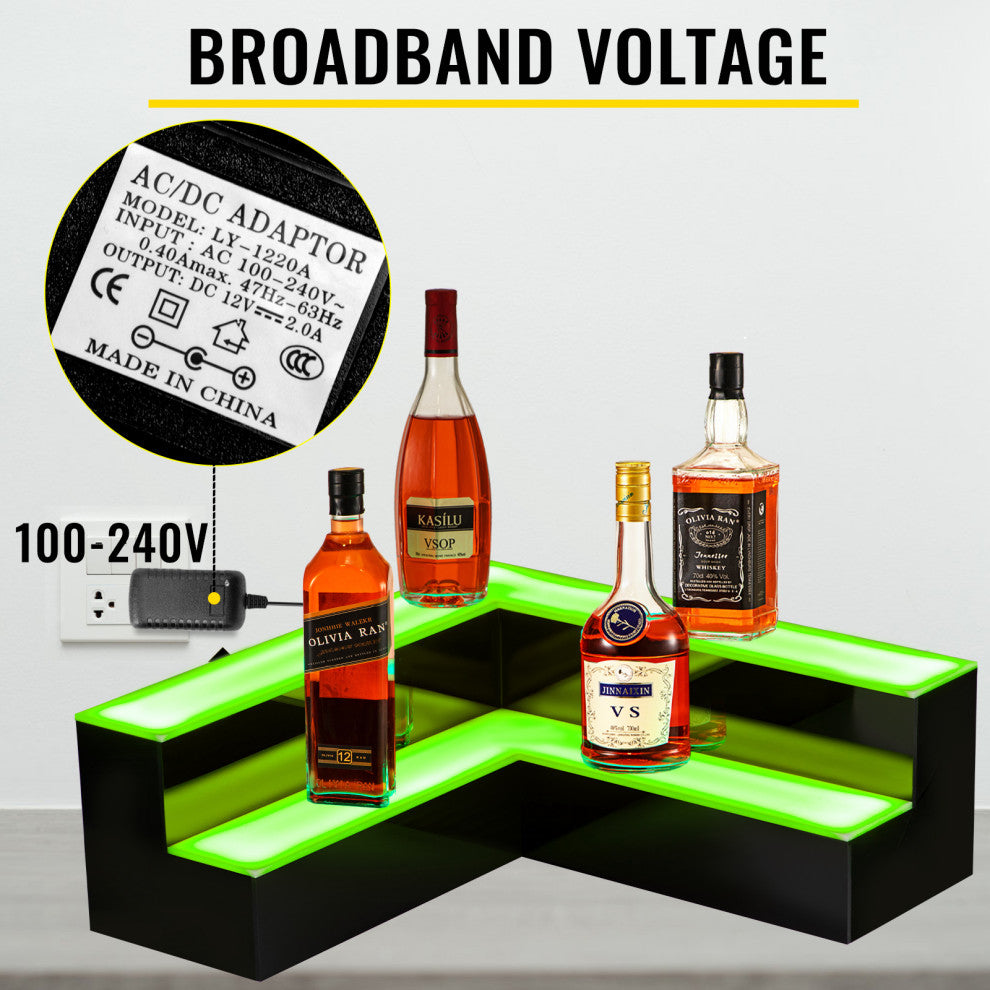 VEVOR Corner LED Liquor Bottle Display Shelf Lighted Glowing Shelf 20" 2-Step