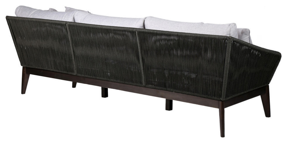 Athos Outdoor 3 Seater Sofa With Latte Rope and Gray Cushions, Dark Eucalyptus