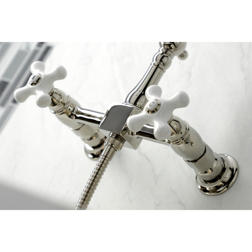 KS1246PXBS Wall Mount Bridge Kitchen Faucet With Brass Spray, Polished Nickel