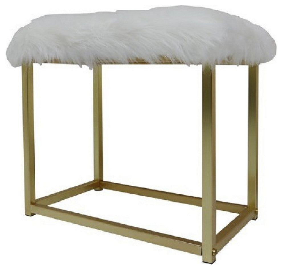 Benzara BM278977 Rose Round Vanity Mirror With Stool, Faux Fur Seat, Brass. Pink