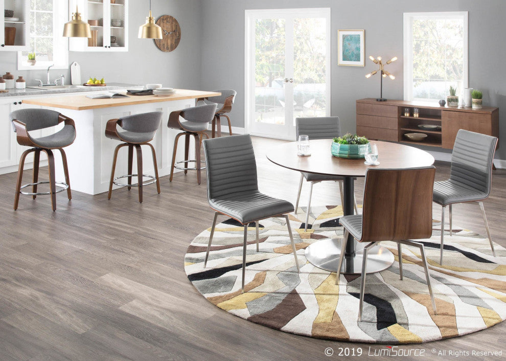 Curvini 24'' Counter Stool, Set of 2, Walnut Wood/Light Gray Fabric/Chrome