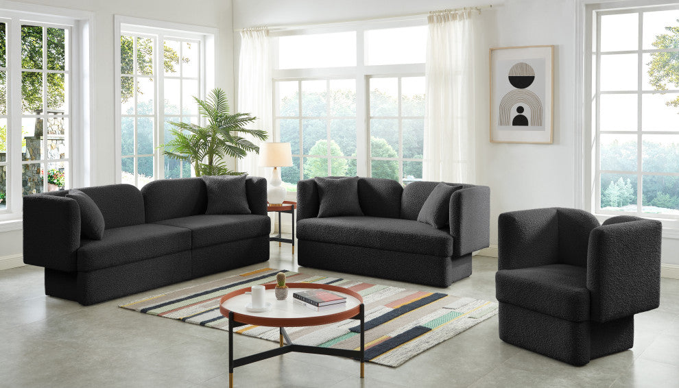 Marcel Boucle Fabric Upholstered Loveseat, Black