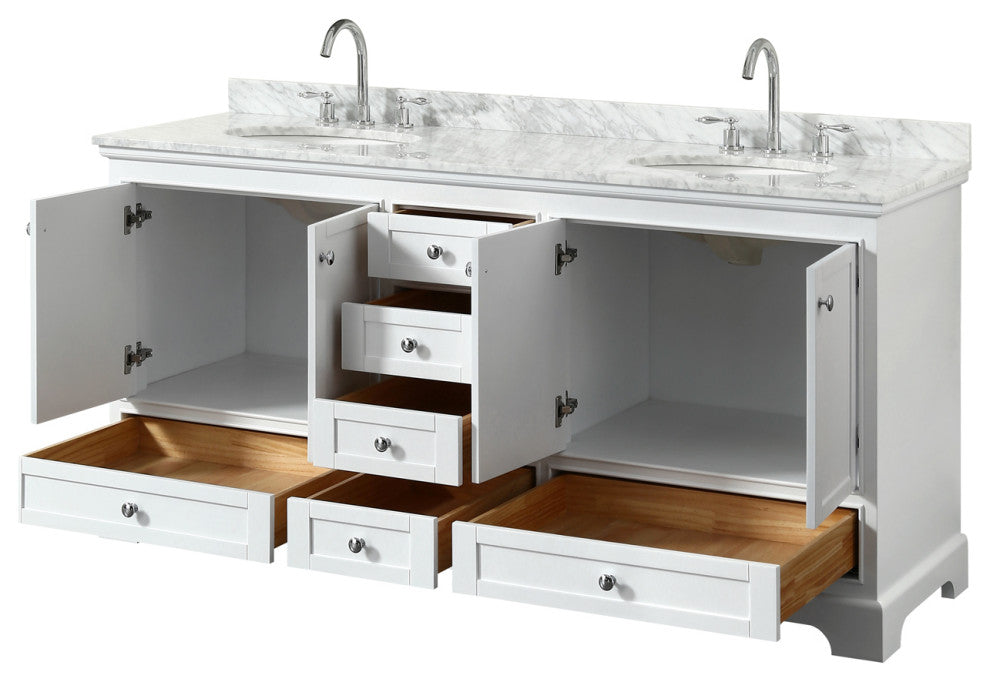 Deborah 72" White DBL Vanity, Carrara Marble Top, Oval Sinks, No Mirrors