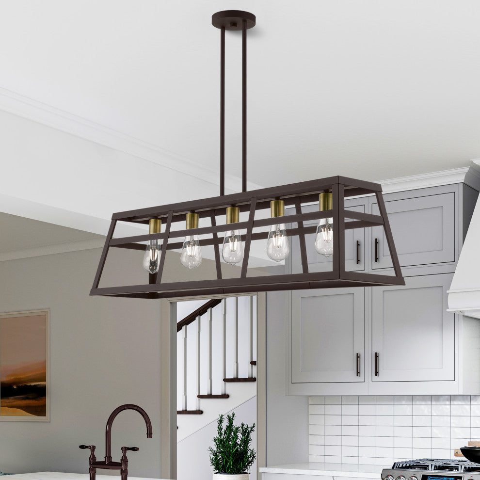 Schofield 5 Light Bronze With Antique Brass Accents Linear Chandelier