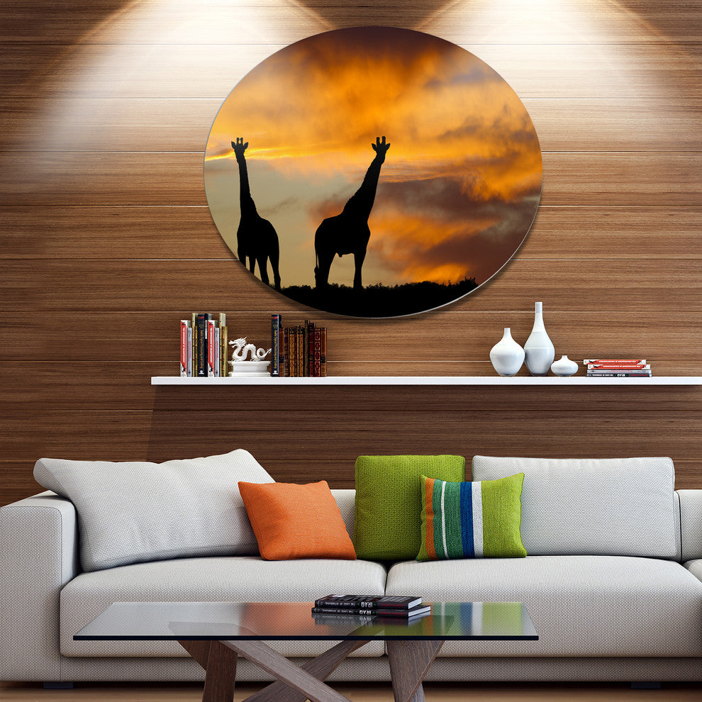 African Wildlife Silhouette, African Large Disc Metal Wall Art, 23"