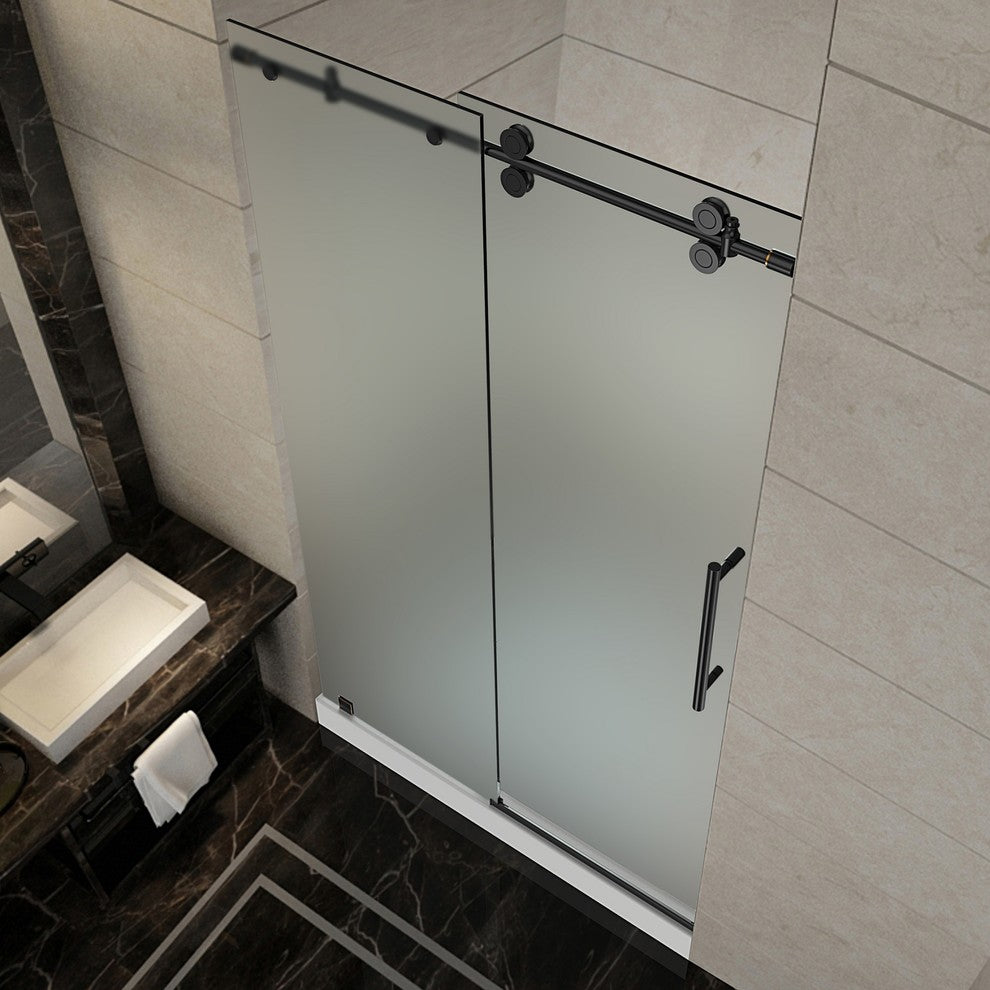 Langham Sliding Shower Door, Oil Rubbed Bronze and Frosted Glass With Left Base
