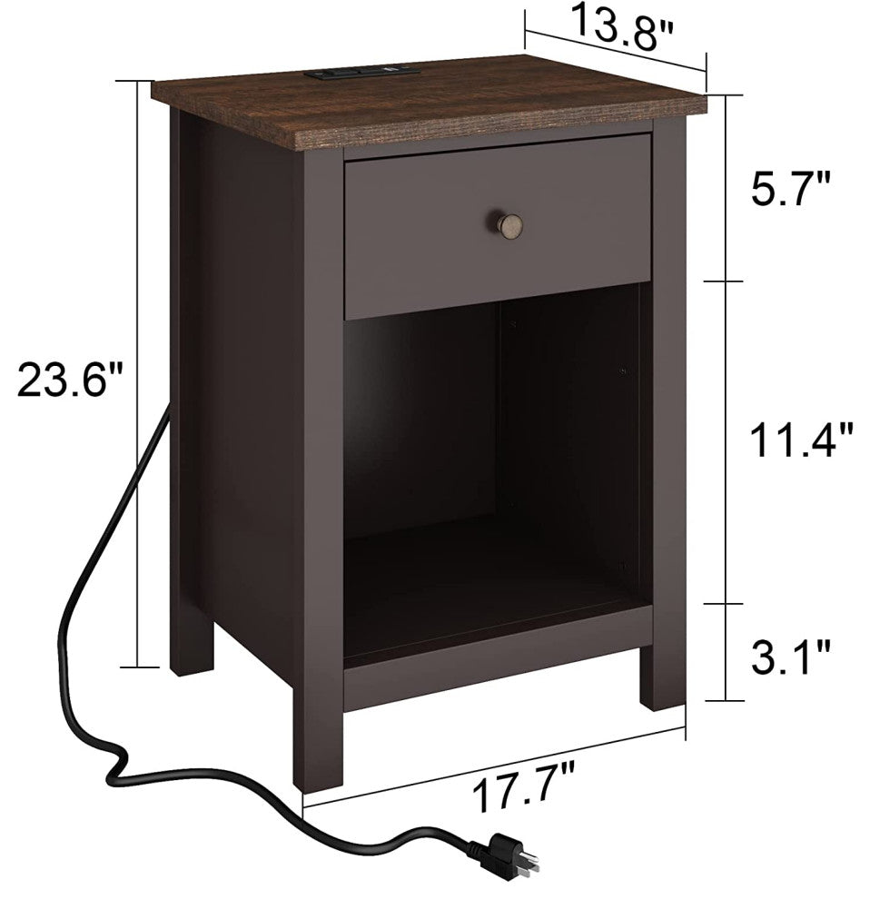 Nightstand with Charging Station, 1-Drawer and Storage Space, Espresso