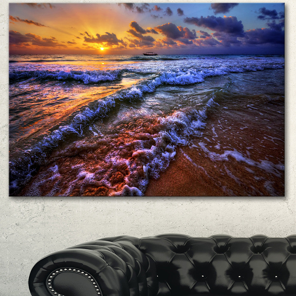 Sunset over Blue Tinged Waves, Seashore Photo Canvas Art Print, 60"x28"